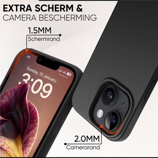 Zwarte iPhone 13/14 hoes met verhoogde randen voor scherm- en cameraprotectie.