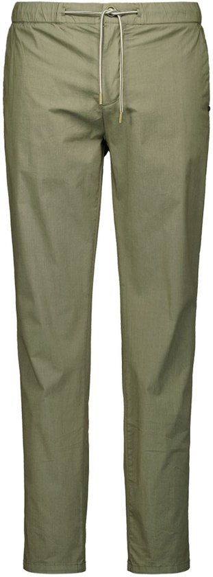 Militaire groene stretch broek met elastische tailleband en trekkoord met gouden uiteinden.