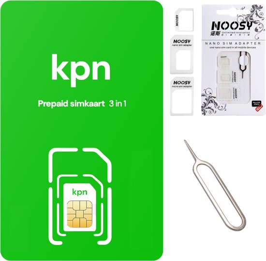 KPN Prepaid Sim met €10 beltegoed en Noosy adapter | 3 in 1 adapter dus past altijd inclusief pinnetje