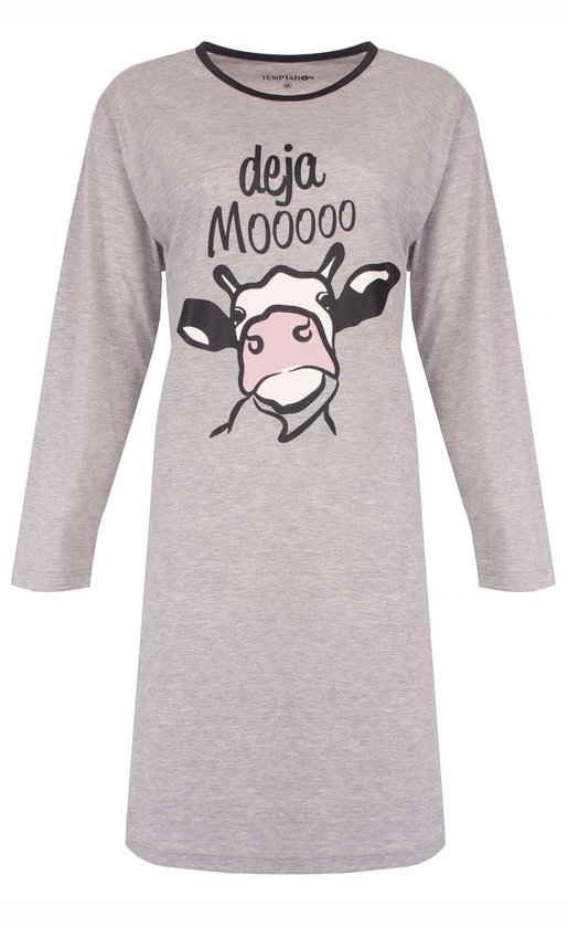 Chemise de nuit gris chiné à manches longues avec une vache imprimée disant "deja Moooooo".