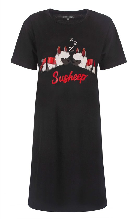 Nuisette noire avec un imprimé 'Susheep' de deux moutons endormis avec des motifs style sushi.