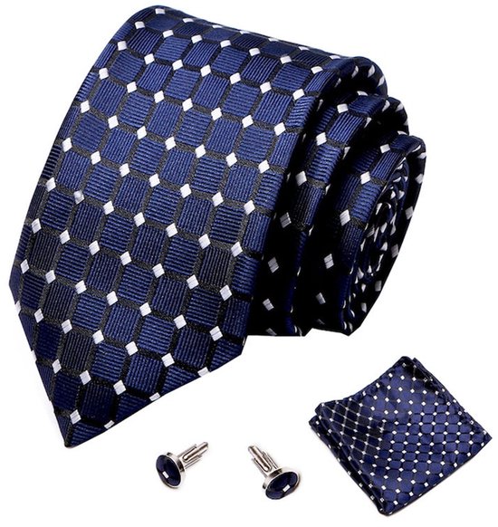 Set Cravate Blanche En Soie Jacquard + Boutons De Manchette + Mouchoir - Fait Main France