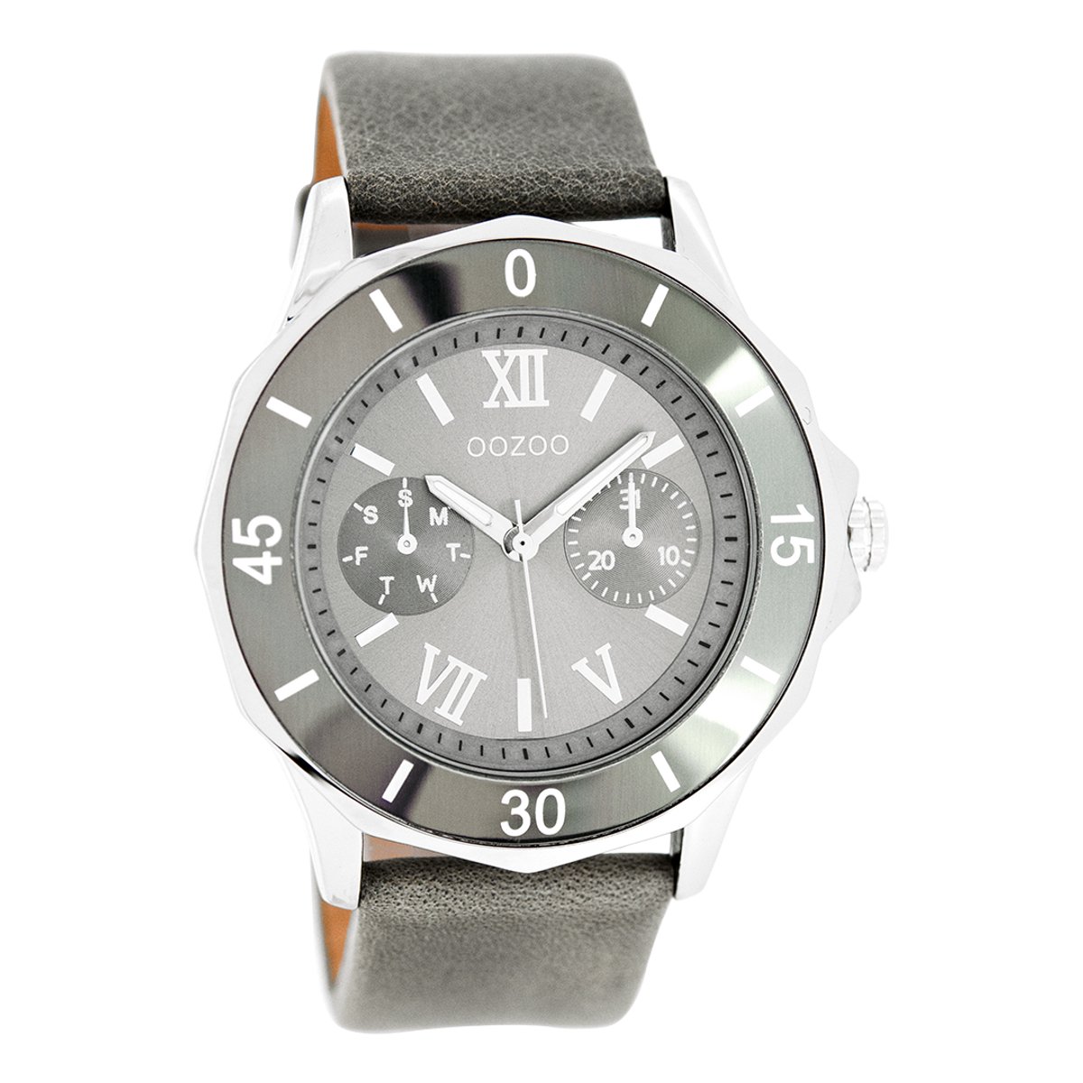 OOZOO Timepieces - Zilverkleurige horloge met grijze leren band - C6258