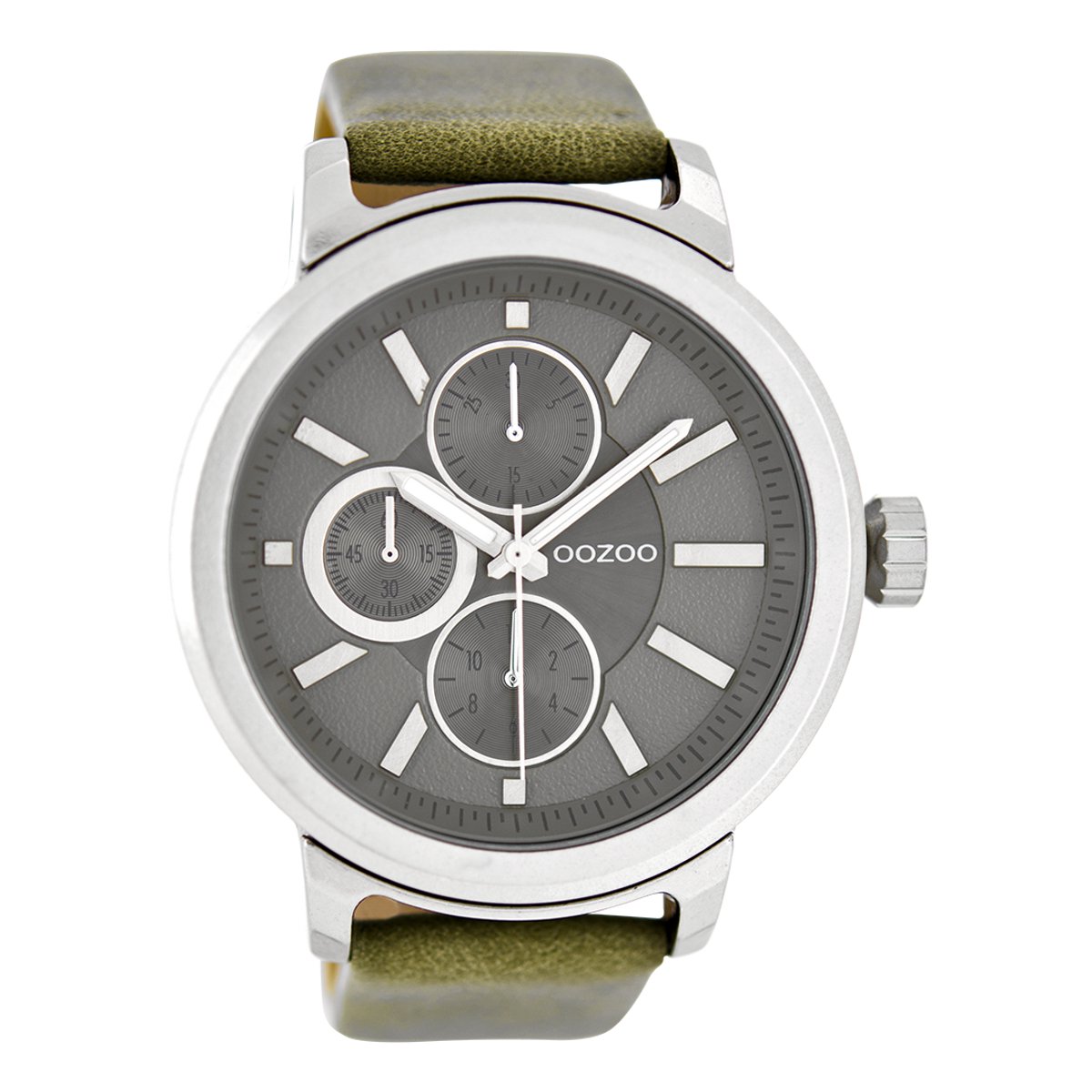 OOZOO Timepieces - Zilverkleurige horloge met groen grijze leren band - C6066
