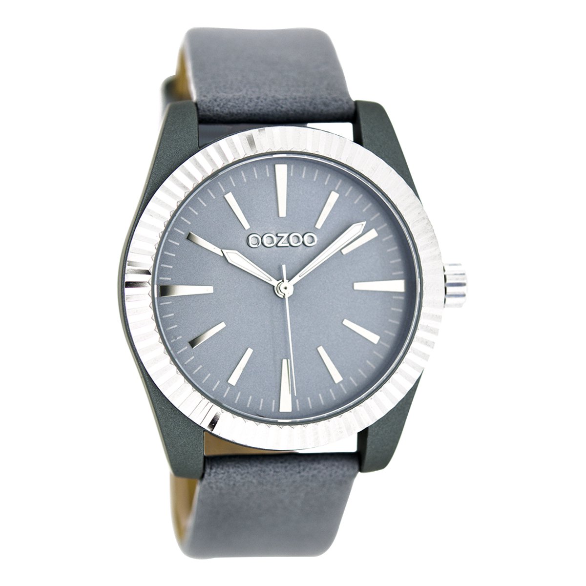OOZOO Timepieces - Zilverkleurige horloge met aqua grijze leren band - C6517
