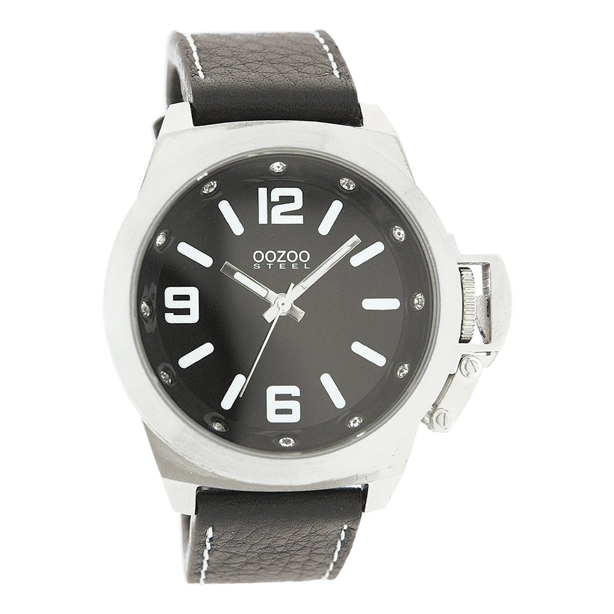 OOZOO Timepieces - Zilverkleurige horloge met zwarte leren band - OS136