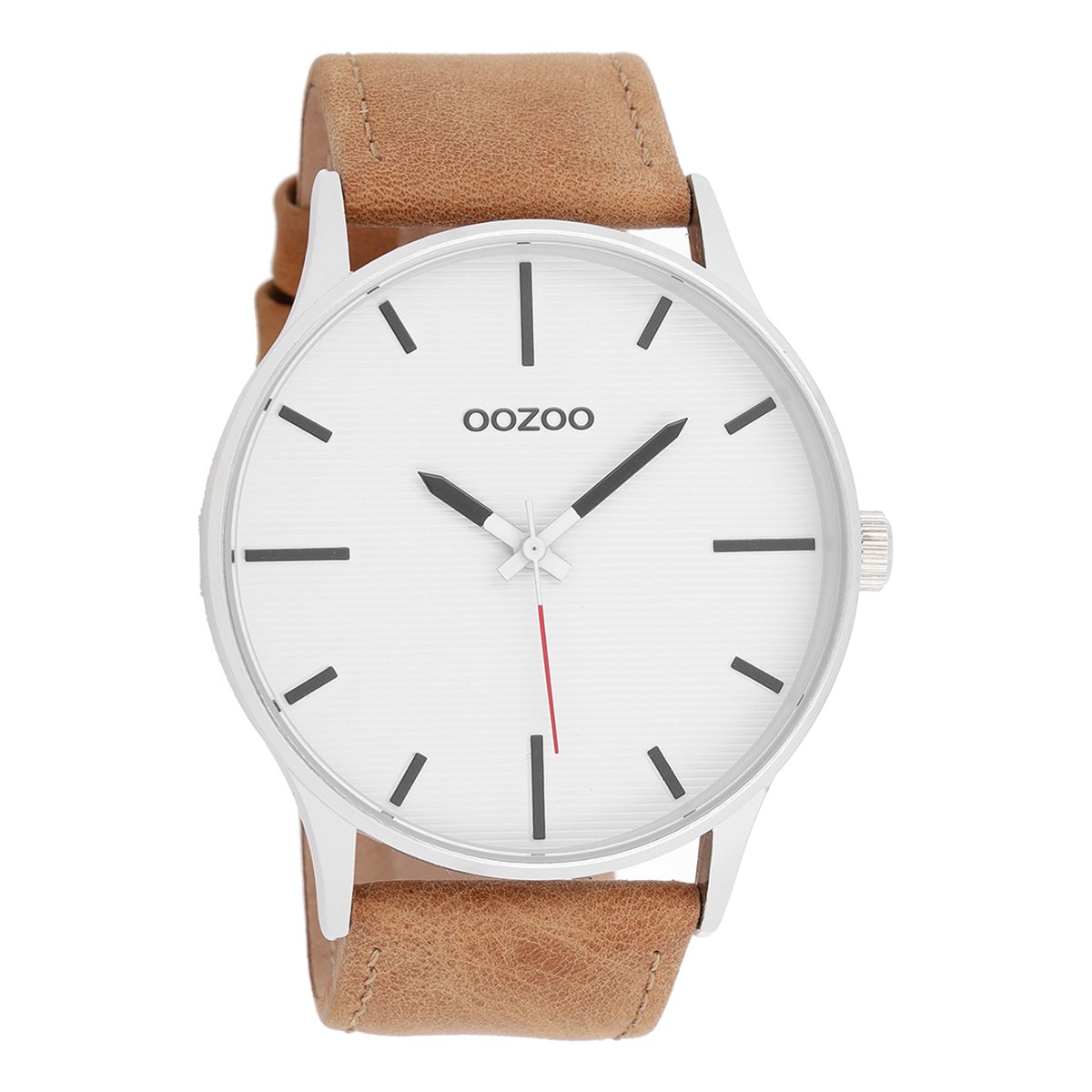 OOZOO Timepieces - Zilverkleurige horloge met bruine leren band - C8550
