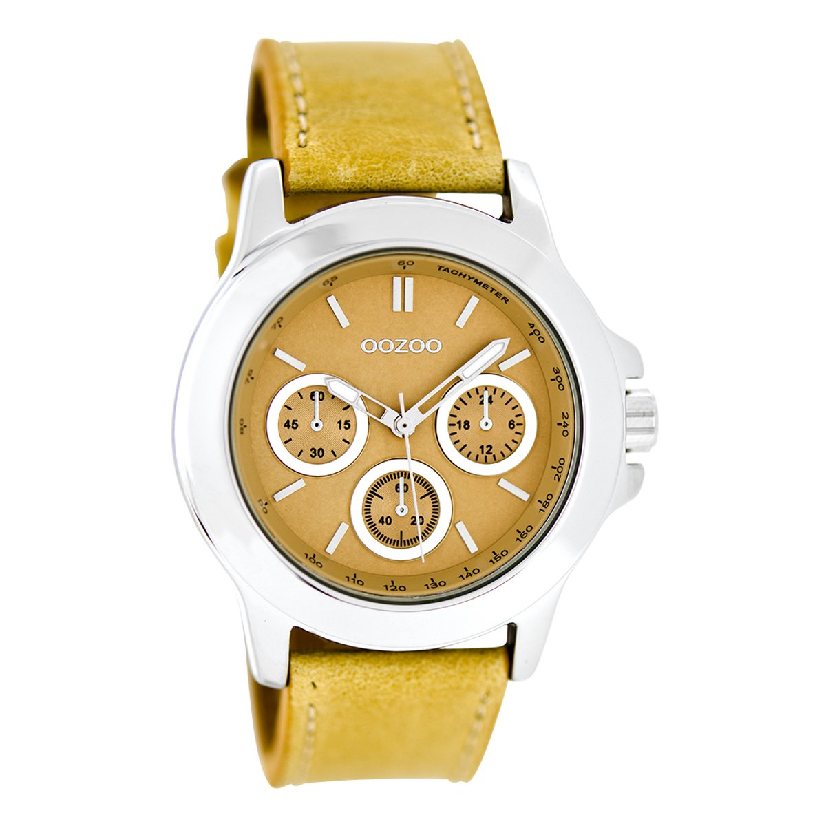 OOZOO Timepieces - Zilverkleurige horloge met beige leren band - C6185