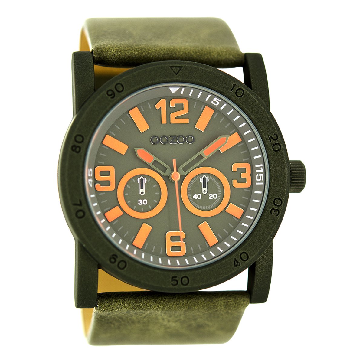OOZOO Timepieces - Zwarte horloge met donker groene leren band - C8307