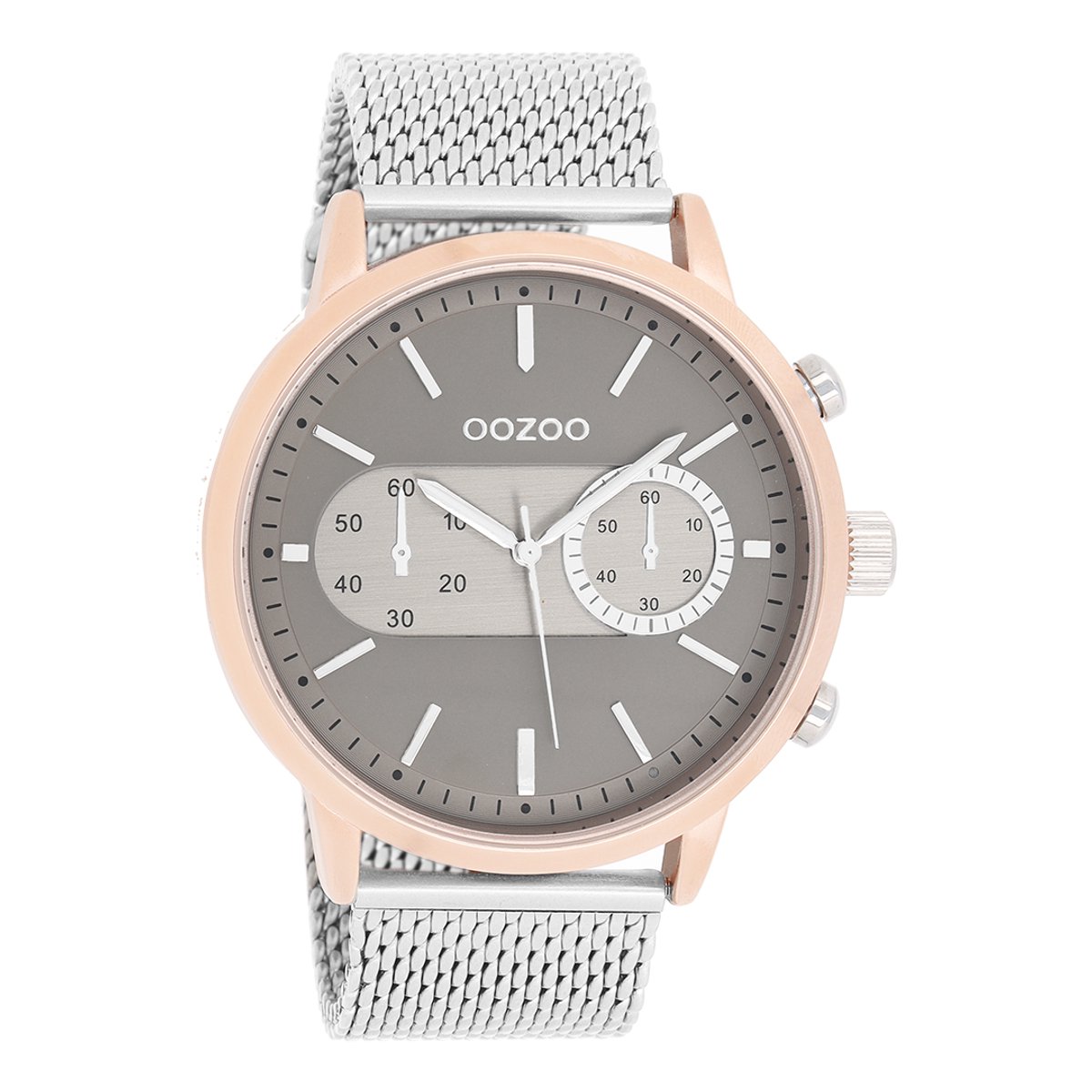 OOZOO Timepieces - Rosé goudkleurige horloge met zilverkleurige metalen mesh armband - C9072