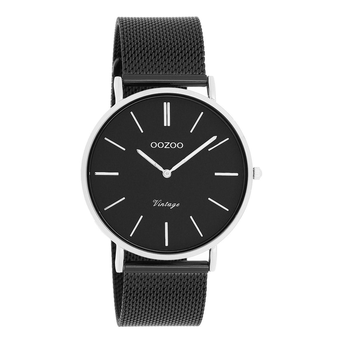 OOZOO Timepieces - Zilverkleurige horloge met zwarte metalen mesh armband - C8865