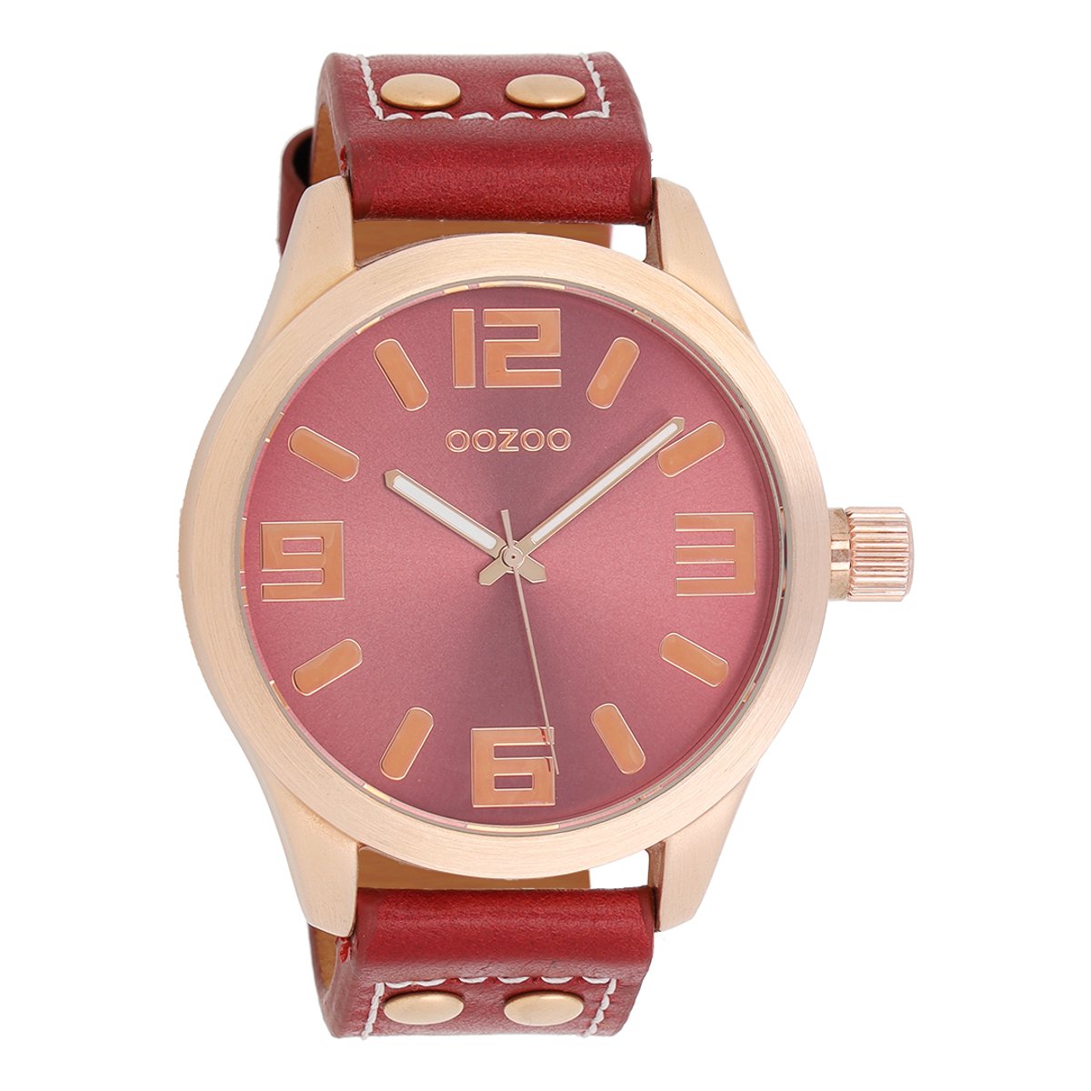 OOZOO Timepieces - Rosé goudkleurige horloge met koraal rood leren band - C1155