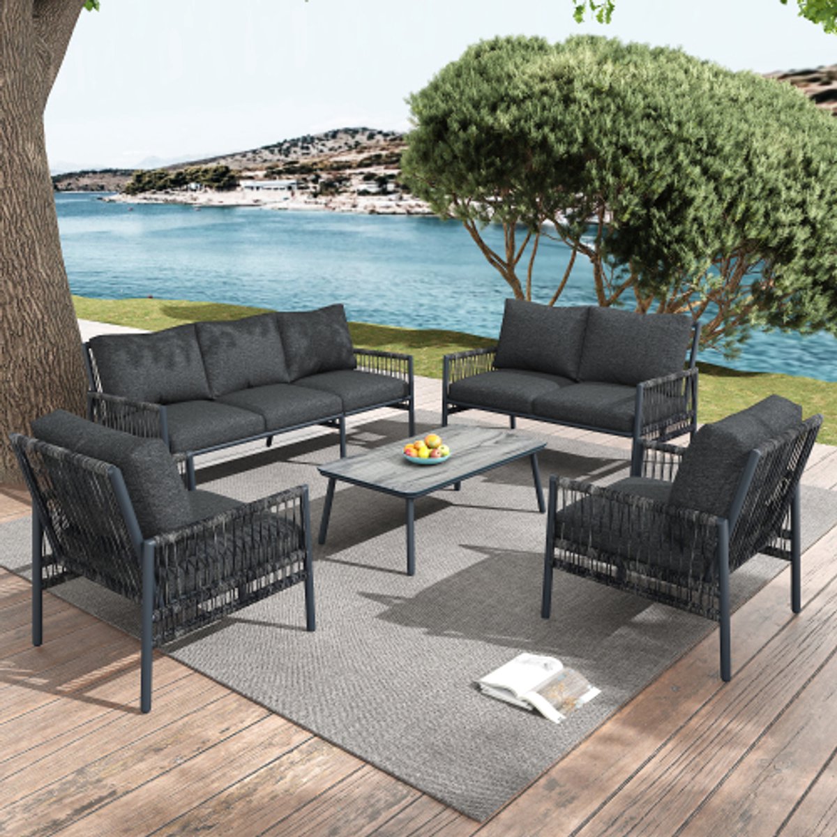 Tuinmeubelset 7-zits, 7 zitplaatsen, 1 salontafel, PE-rotan, gegalvaniseerde stalen buis, gehard glas (imitatie van massief houtnerf), zitkussens afneembaar en wasbaar, grijs Tuinmeubelset 7-zits in grijs, PE-rotan, salontafel met gehard glas, afneembare zitkussens.