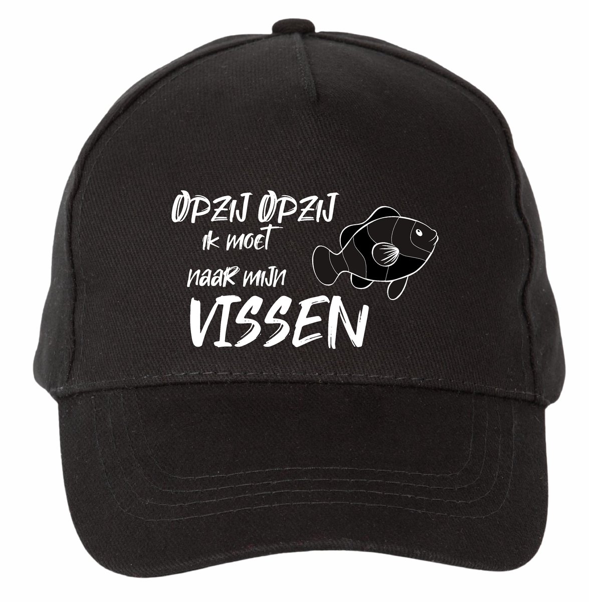 Mijncadeautje - 5 panel - Cap - Verstelbaar - Pet van 100% dik geborsteld katoen- unisex - opdruk wit - opzij opzij naar mijn vissen - zwart