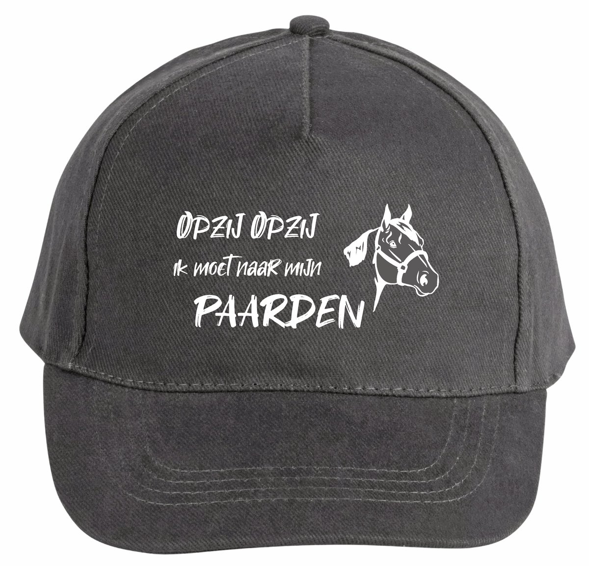 Mijncadeautje - 5 panel - Cap - Verstelbaar - Pet van 100% dik geborsteld katoen- unisex - opdruk wit - opzij opzij naar mijn paarden - chique grijs