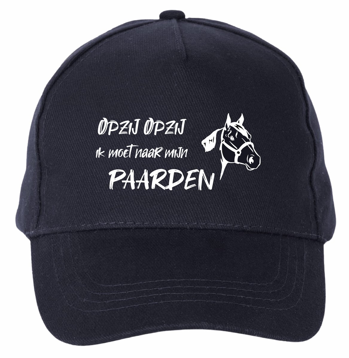 Mijncadeautje - 5 panel - Cap - Verstelbaar - Pet van 100% dik geborsteld katoen- unisex - opdruk wit - opzij opzij naar mijn paarden - navy blauw