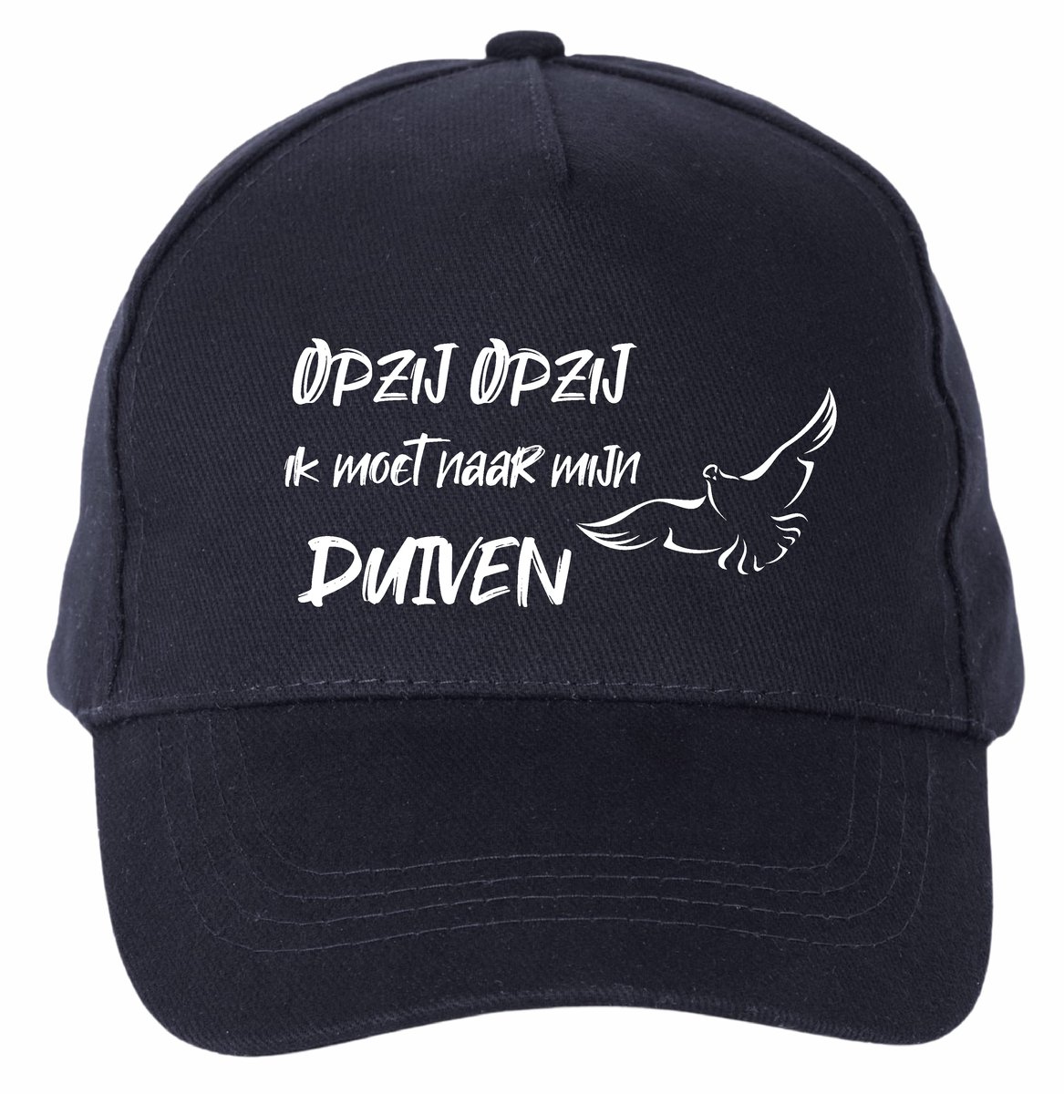 Mijncadeautje - 5 panel - Cap - Verstelbaar - Pet van 100% dik geborsteld katoen- unisex - opdruk wit - opzij opzij naar mijn duiven - navy blauw