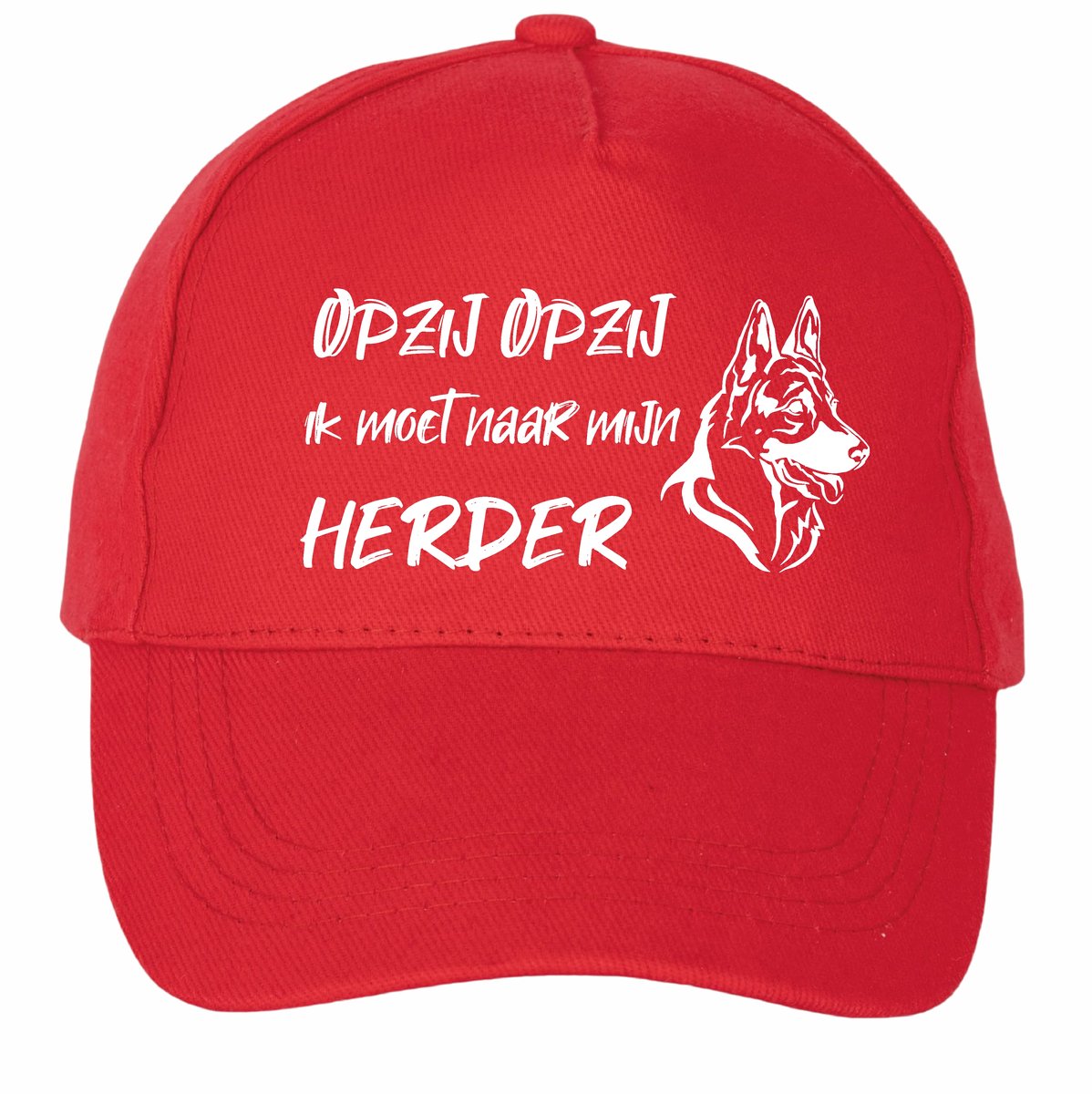 Mijncadeautje - 5 panel - Cap - Verstelbaar - Pet van 100% dik geborsteld katoen- unisex - opdruk wit - Opzij Opzij naar mijn Herder - rood