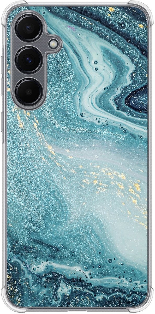 Shockproof hoesje - Geschikt voor Samsung Galaxy A15 - Marmer blauw - Extra sterke case - TPU/polycarbonaat - Marmer - Blauw, Transparant