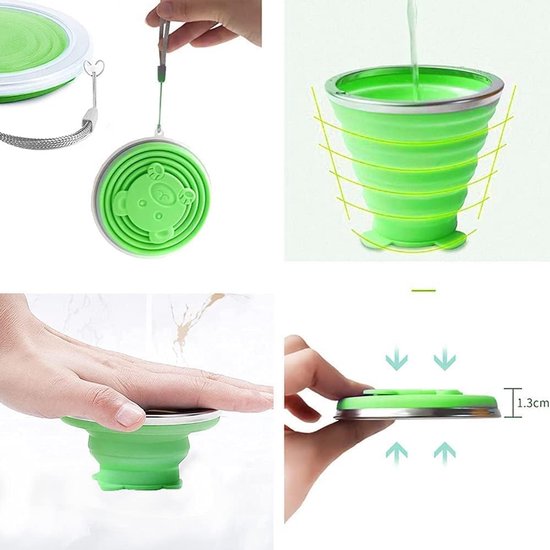 2 stuks opvouwbare reisbekers, opvouwbare koffiebeker met deksel, 320 ml, BPA-vrij, intrekbaar, geschikt voor picknick, camping, outdoor, wandelen, reizen (groen + grijs) — afbeelding 3