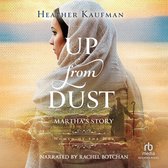Boekomslag met de titel 'Up from Dust' van Heather Kaufman, met een vrouw in een witte hoofddoek en een kudde schapen.