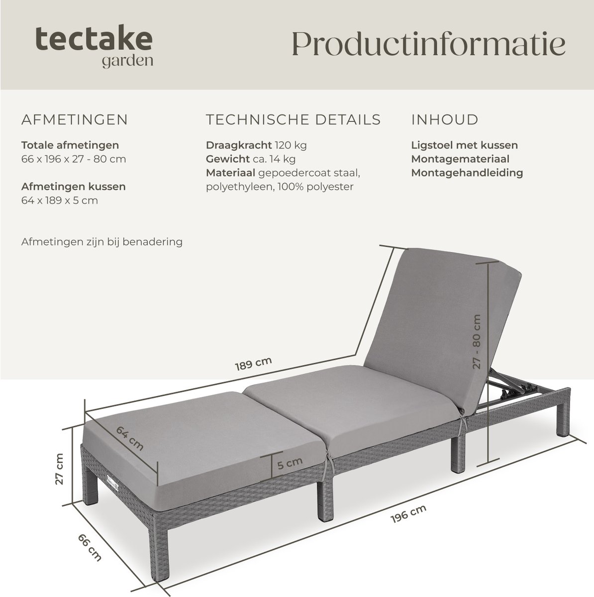 tectake® - Luxe wicker tuinligstoel met 5 verstelbare rugleuningposities, comfortabele vulling en stijlvol design, stabiel stalen frame, onderhoudsvriendelijk, voor tuin, terras, zwembad - grijs — afbeelding 6