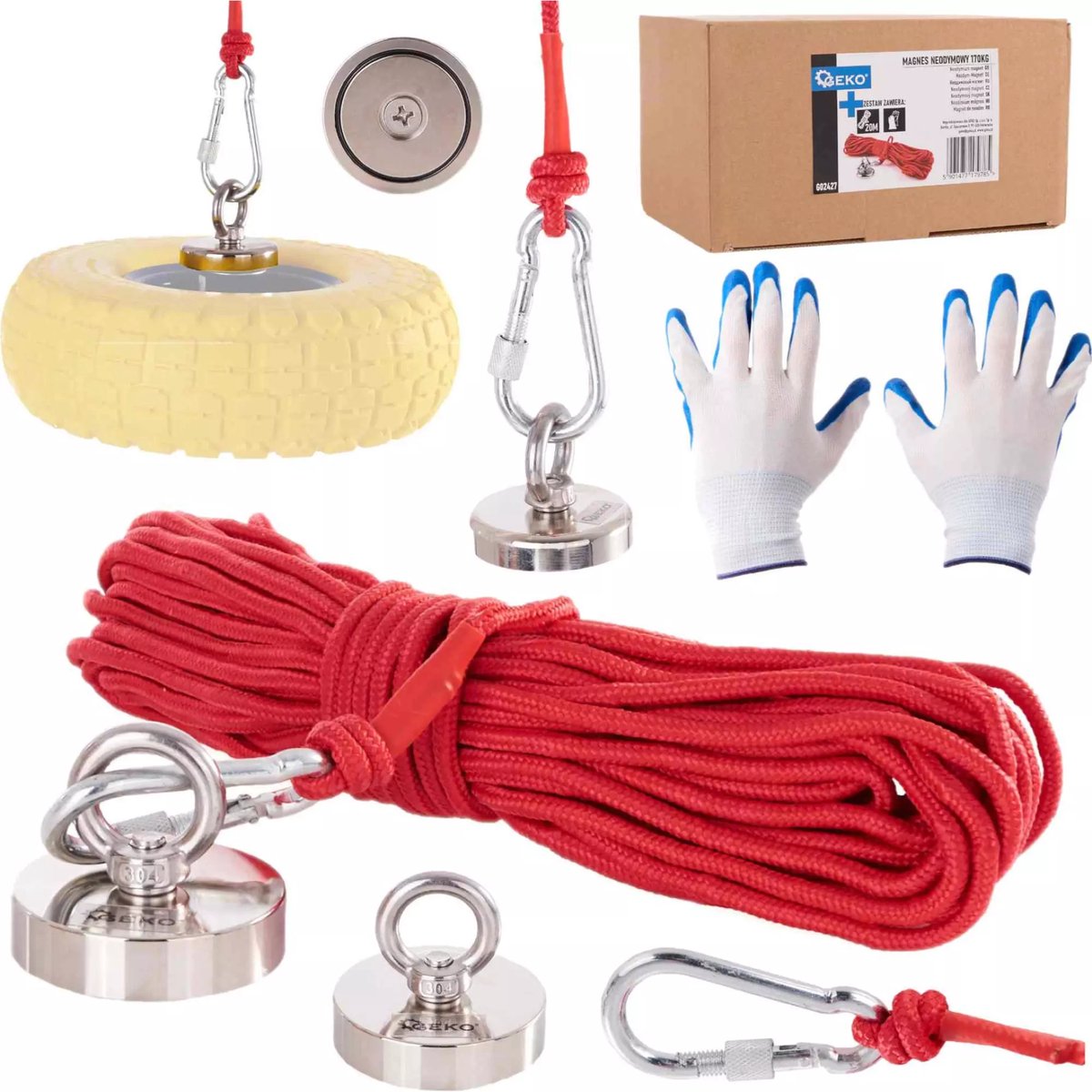 GEKO Neodymium magneetset - 170 kg trekkracht - Inclusief 20m touw en handschoenen