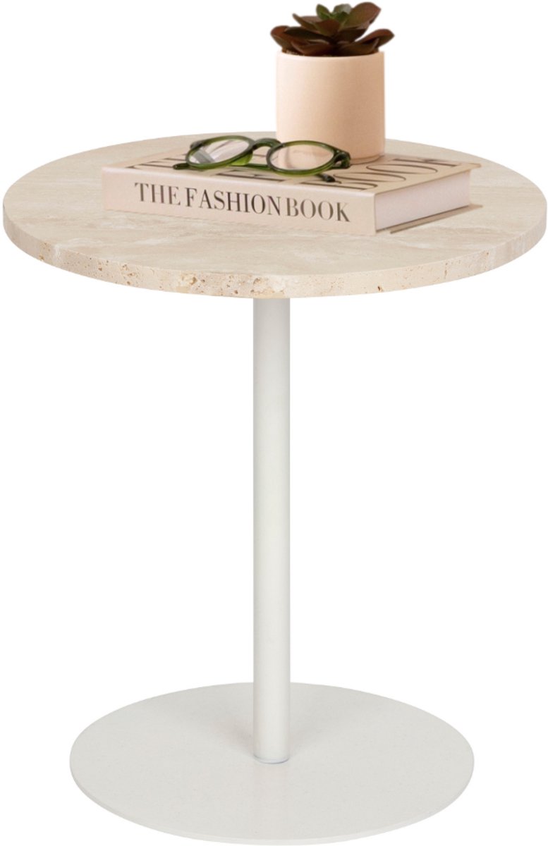 MISOU Bijzettafel - Rond - Koffietafel - Travertin - Modern - Organisch - Zand - Beige - 40x45cm - LILLY Wit