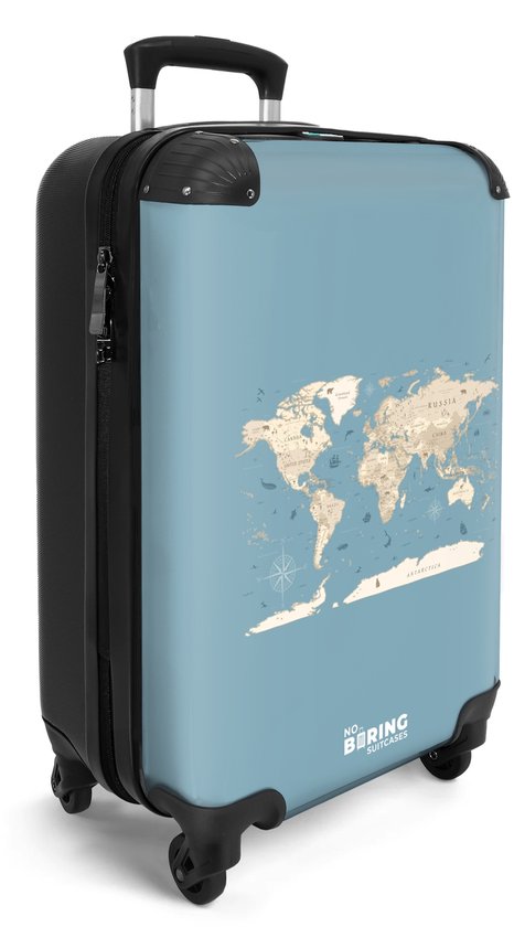 NoBoringSuitcases.com® - Handbagage koffer lichtgewicht - Reiskoffer trolley - Wereldkaart - Oceaan - Realistisch - Blauw - Rolkoffer met wieltjes - Travel suitcase cabin - Reistrolley met TSA slot - Past binnen 55x40x20 en 55x35x25 - Kleine valiezen