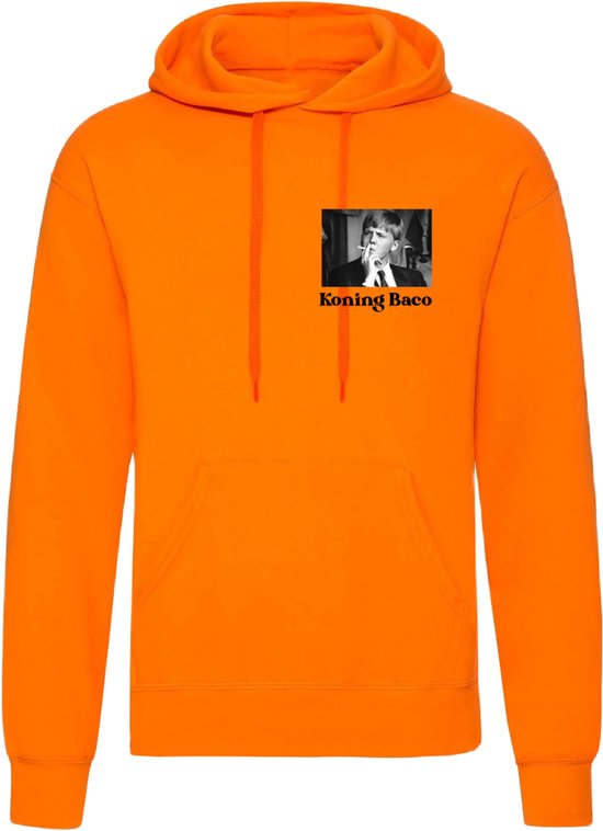 Koningsdag hoodie - Koningsdag trui met afbeelding van de Koning - Oranje - Koning Baco - Maat L
