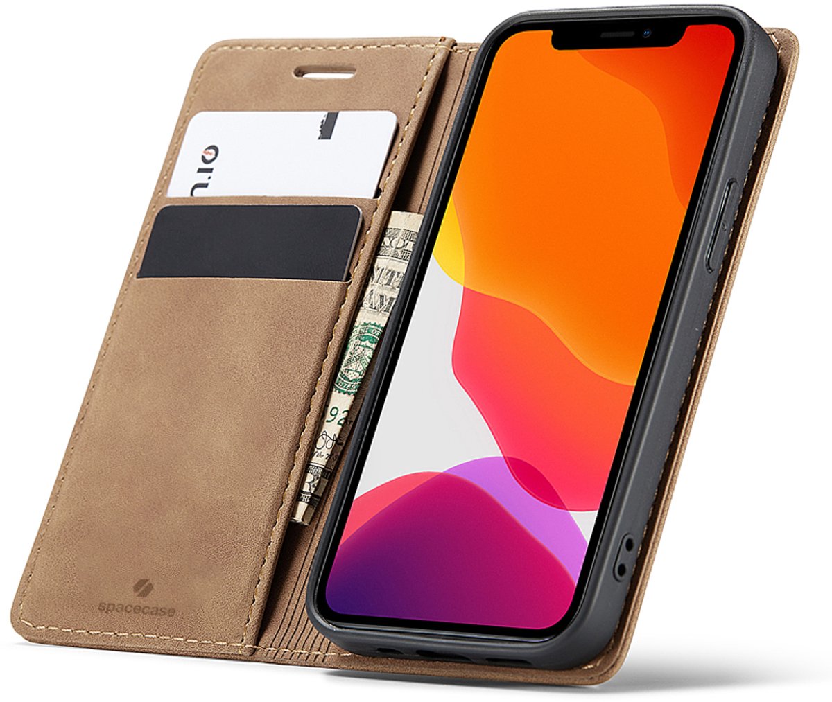 Spacecase Wallet Case Voor Iphone 12 Mini Case Lichtbruin Lederen Hoes