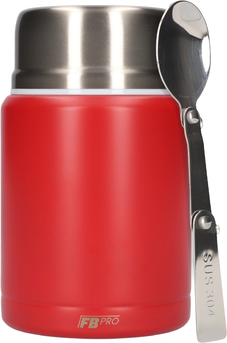 Thermos Voedselcontainer met Lepel - Thermoskan - Thermosfles - Voedsel container voor soep, noodles, babyvoeding, havermout, ijs en meer! - Yoghurt beker to go - Thermosbeker voor het meenemen van eten - Rood - 450ml