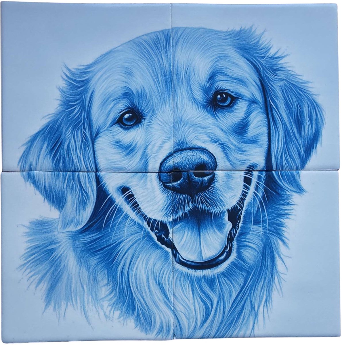 MadDeco Nederlands fabrikaat Delfts Blauwe Retriever op plateau van 4 tegels Friese Witjes 13 x 13 cm per tegel