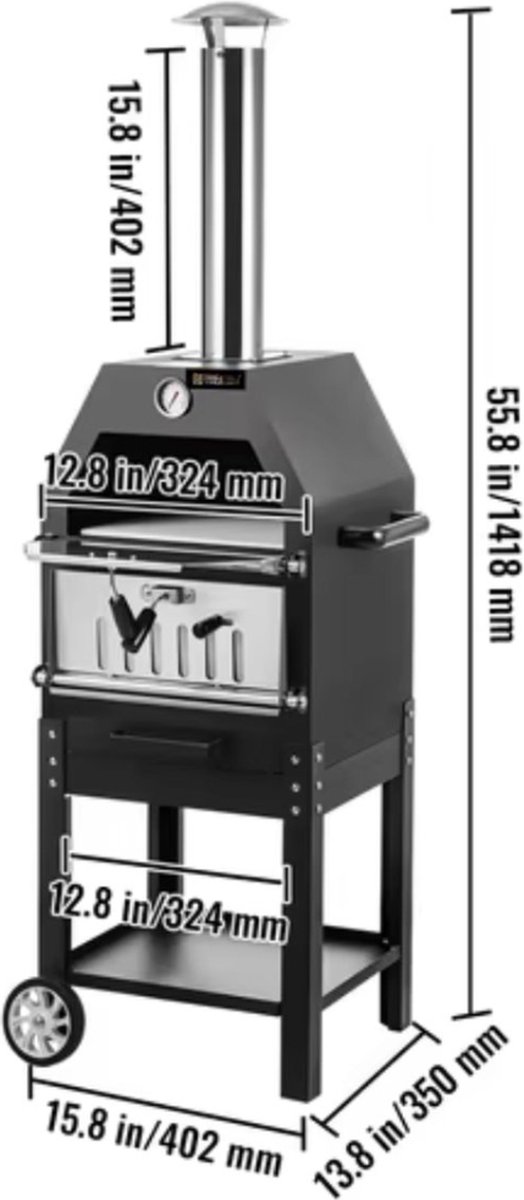 Pizzaoven - Houtoven - Buiten - Buitenkeuken - Buitenoven - Hout gestookt - Met wielen - Zwart -140x40x35 — afbeelding 4
