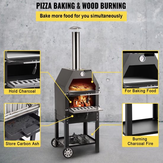 Pizzaoven - Houtoven - Buiten - Buitenkeuken - Buitenoven - Hout gestookt - Met wielen - Zwart -140x40x35 — afbeelding 5