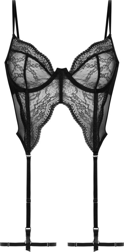 Zwarte kanten bustier met verstelbare bandjes en jarretelaansluitingen.