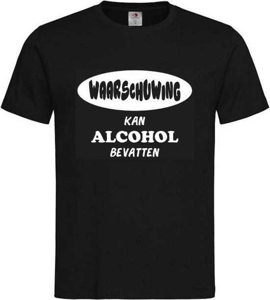 Foto: T shirt unisex volwassenen lol carnaval kermis feestje grappig tekst waarschuwing kan alcohol bevatten op voorkant korte mouw zwart wit maat s