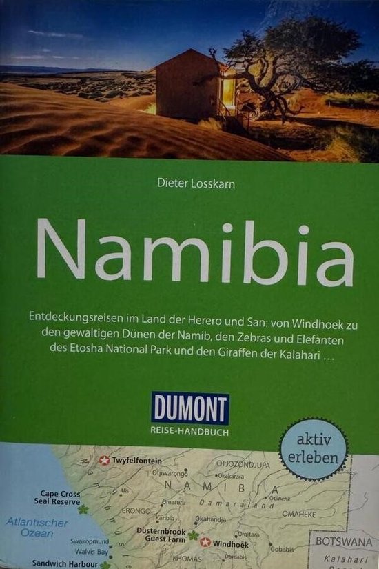Boekomslag van DuMont Reise-Handbuch: Namibia. Met op de voorkant een afbeelding van een klein huisje in een savanne, met de tekst 'Namibia'.