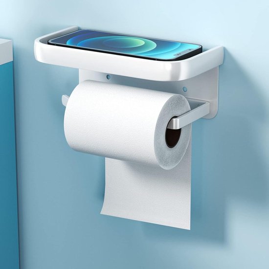 Toiletpapierhouder met planken, spiraal of zelfklevende toiletpapierhouder aan de muur gemonteerd, badkameraccessoires tissuehouder, toiletpapierrolhouder met opbergruimte voor badkamer wasruimte