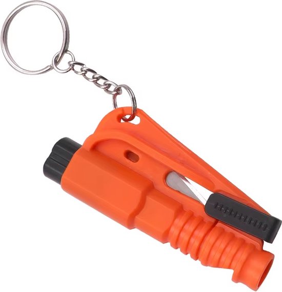 Oranje noodhamer met sleutelhanger en een metalen ring.
