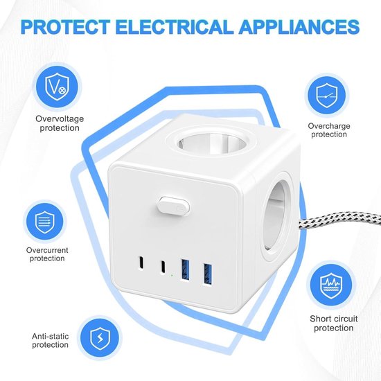 6 in 1 Stekkerdoos Cube met USB C, 3 Voudige Stopcontacten platte stekker met Individuele Schakelaar, Powercube met 2m kabel, 1 type-C USB-stekker voor op kantoor thuis op reis