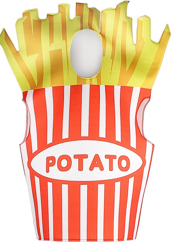 Een frietkostuum met rode en witte strepen en de tekst POTATO, zonder personen.