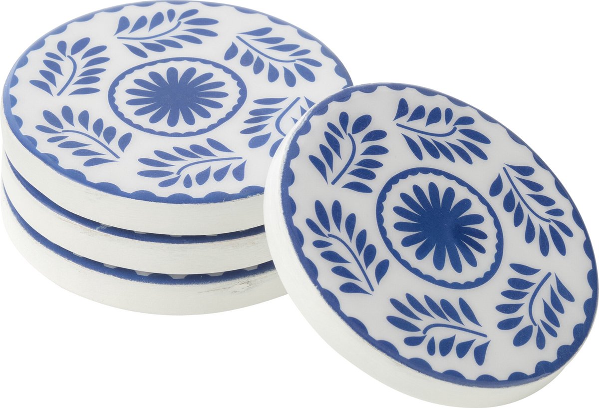 J-Line onderzetter Bloemen - hout - blauw/wit - set van 4