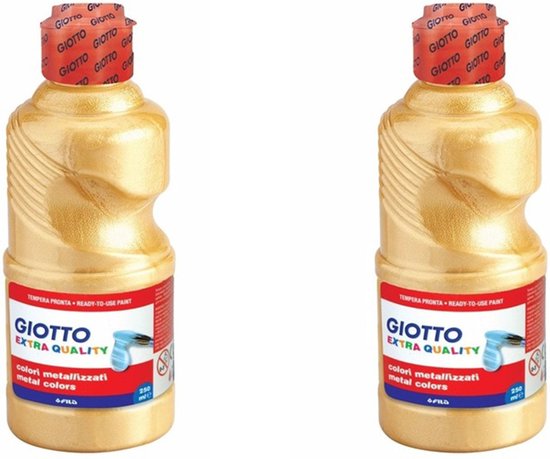 Twee flessen Giotto Extra Quality goud metallic verf van 250 ml elk met rood-wit gestreept label.