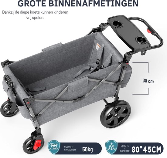 Bolderkar Voor 2 Kinderen Opvouwbaar Met Dak Kinderwagen 2 x 5 Punts Veiligheidsgordel Met Luierrugzak Bolderkar Met Zitting Handwagen Transportwagen Trekken en Duwen Voetrem van Merkloos — afbeelding 5