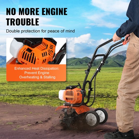 VEVOR Tuinfrees 43CC Waterverplaatsing Motorschoffel op gas 300mm Teeltbreedte Motorfrees 100mm Teeltdiepte Grondschoffel Stalen Teeltmes Veldfrees 1110x448x910mm Cultivator van VEVOR — afbeelding 4