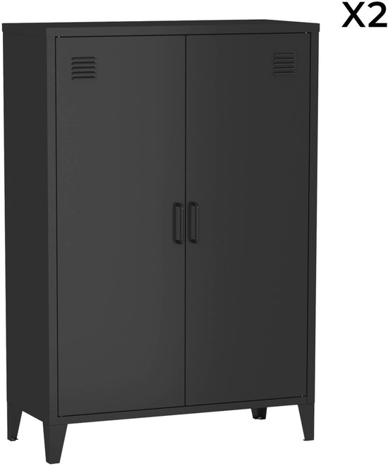 Armoire métallique noire de bureau avec deux portes, deux poignées et quatre pieds inclinés. Texte 'X2' en haut à droite.