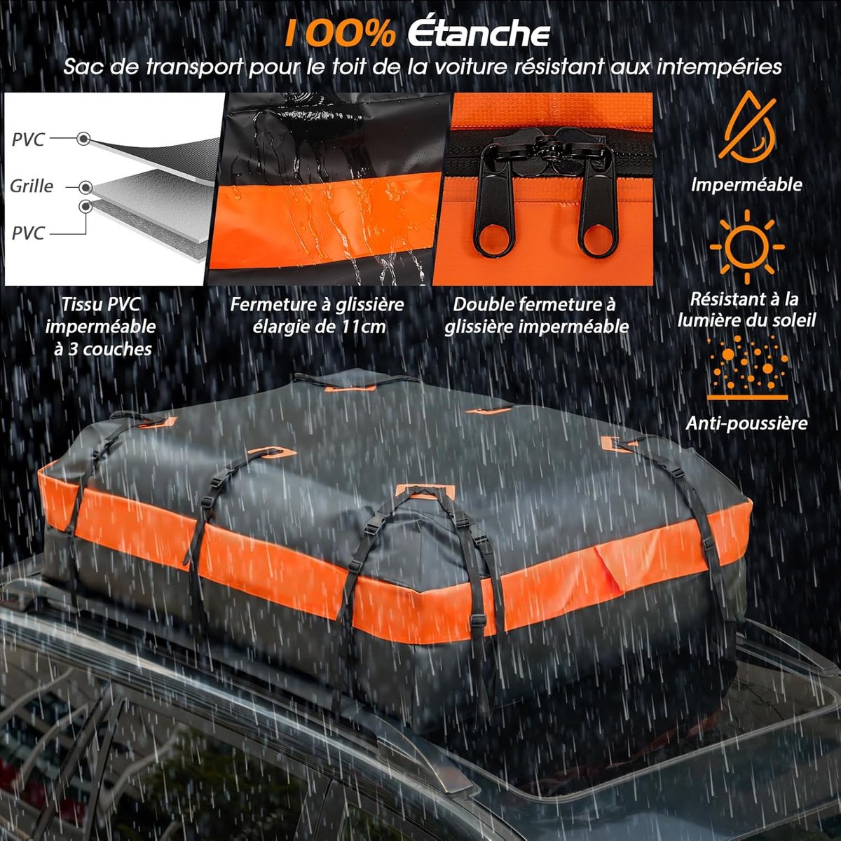 COSTWAY Dakkoffer voor de auto, waterdicht, 600 l, met 10 riemen en 6 haken, daktas met antislipmat, opbergtas voor alle voertuigen met/zonder bagagedrager, zwart + oranje – foto 2