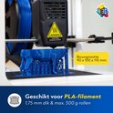 3D-printer met een blauwe PLA-filamentafdruk. Bouwgrootte 90 x 100 x 110 mm.