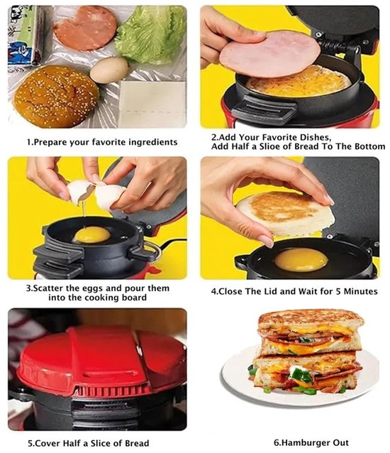 Ontbijtmachine - Ontbijtmuffinmaker - Elektrisch - Eenvoudig Reinigen - Broodrooster - Sandwich Maker - Veelzijdige Toepassing - Rood — afbeelding 3